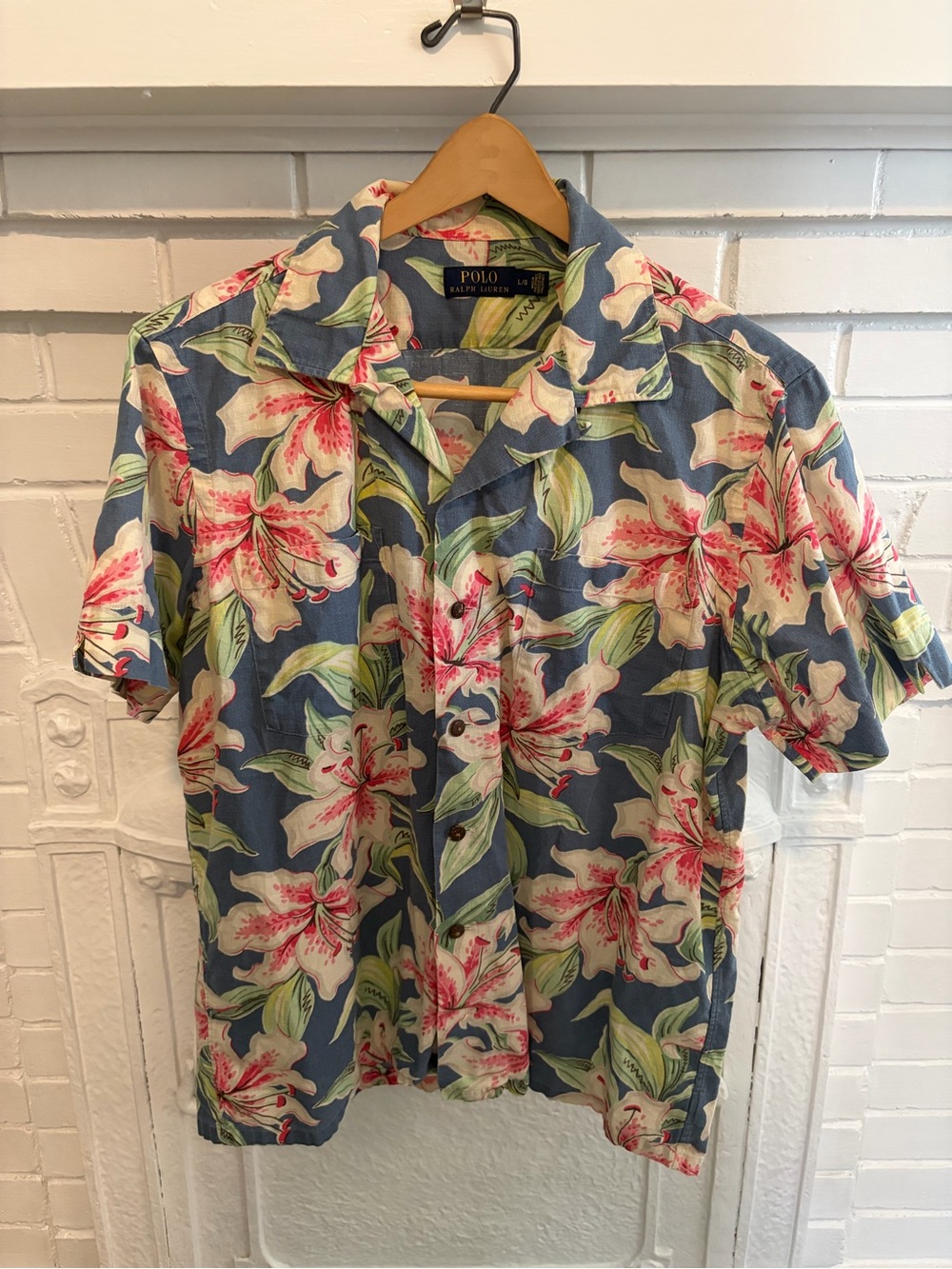 Polo Ralph Lauren Floral Camp Shirt Sz L Blue Tropical Lily Short Sleeve